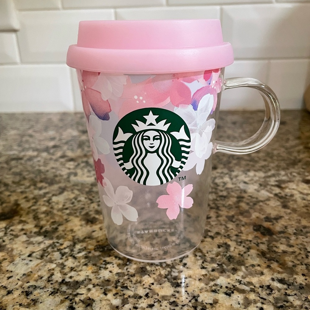 Starbucks Floral Glass Mug with Pink Top
